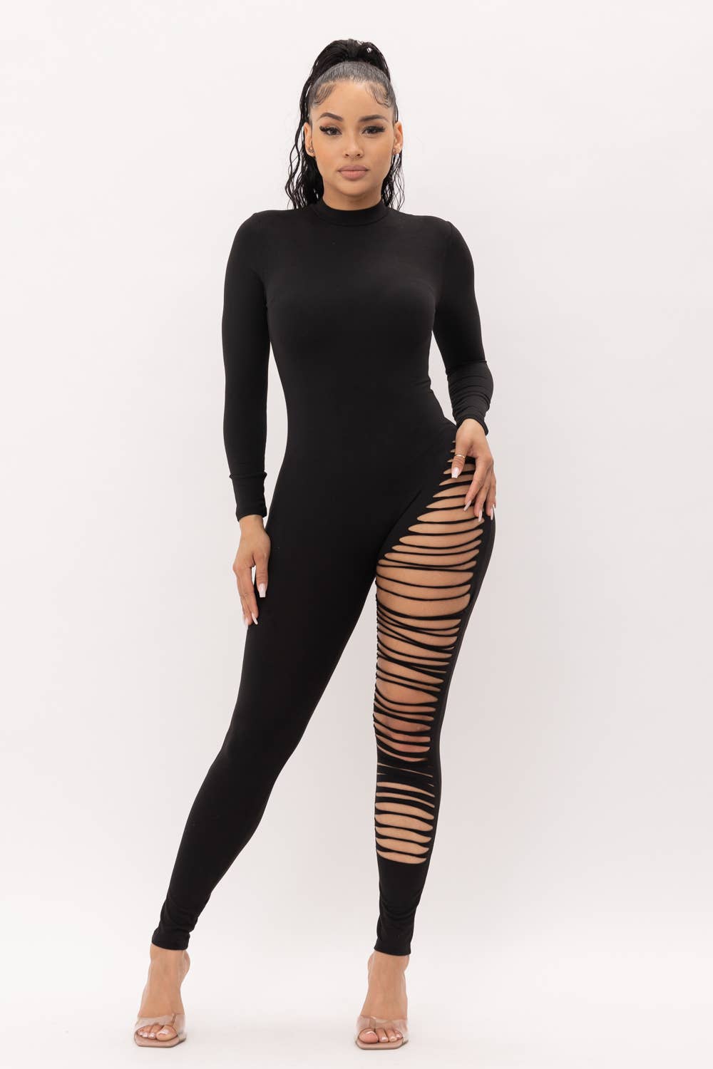 Mock Neck One Leg Laser Cut Long Sleeve Jumpsuit: Black