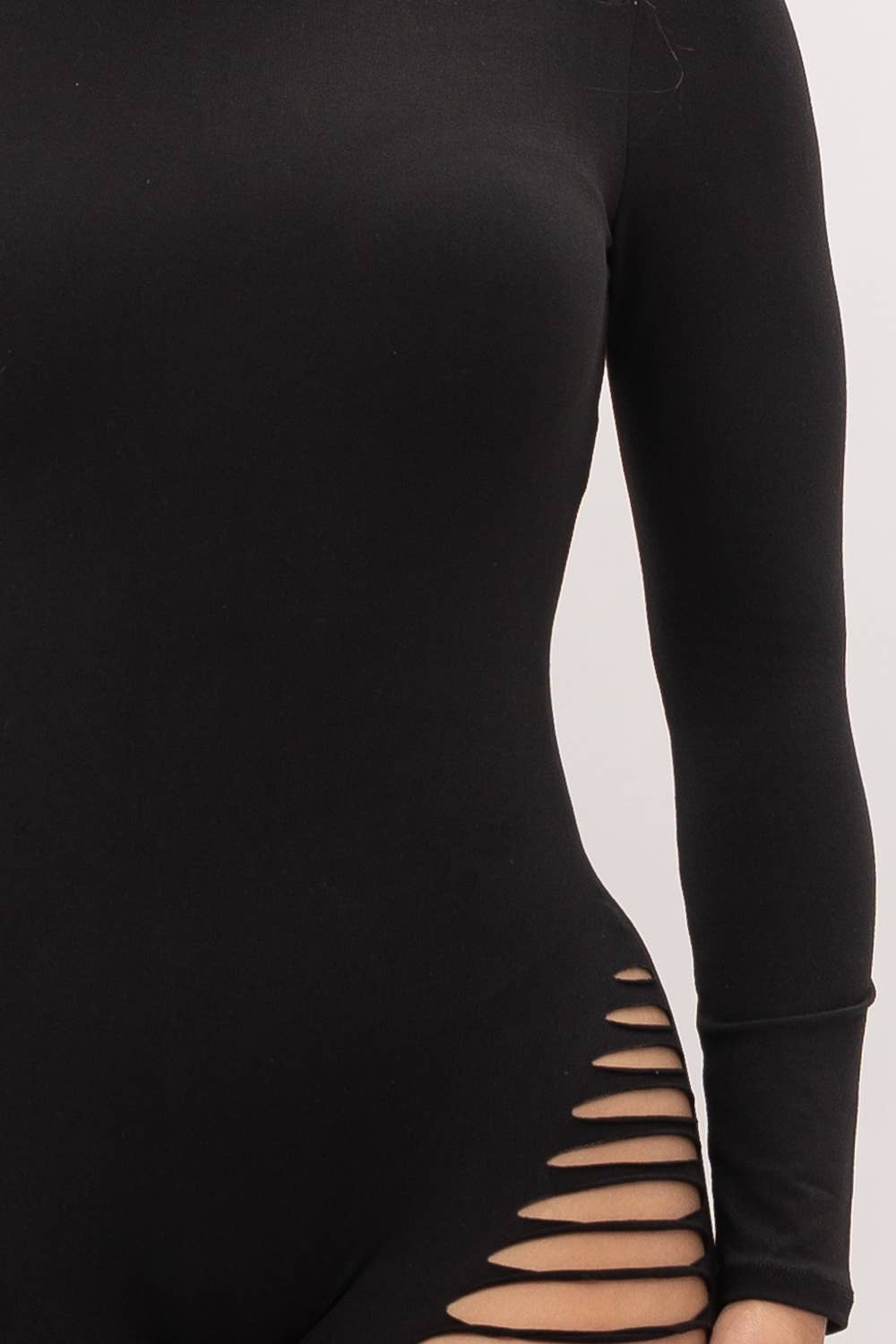 Mock Neck One Leg Laser Cut Long Sleeve Jumpsuit: Black