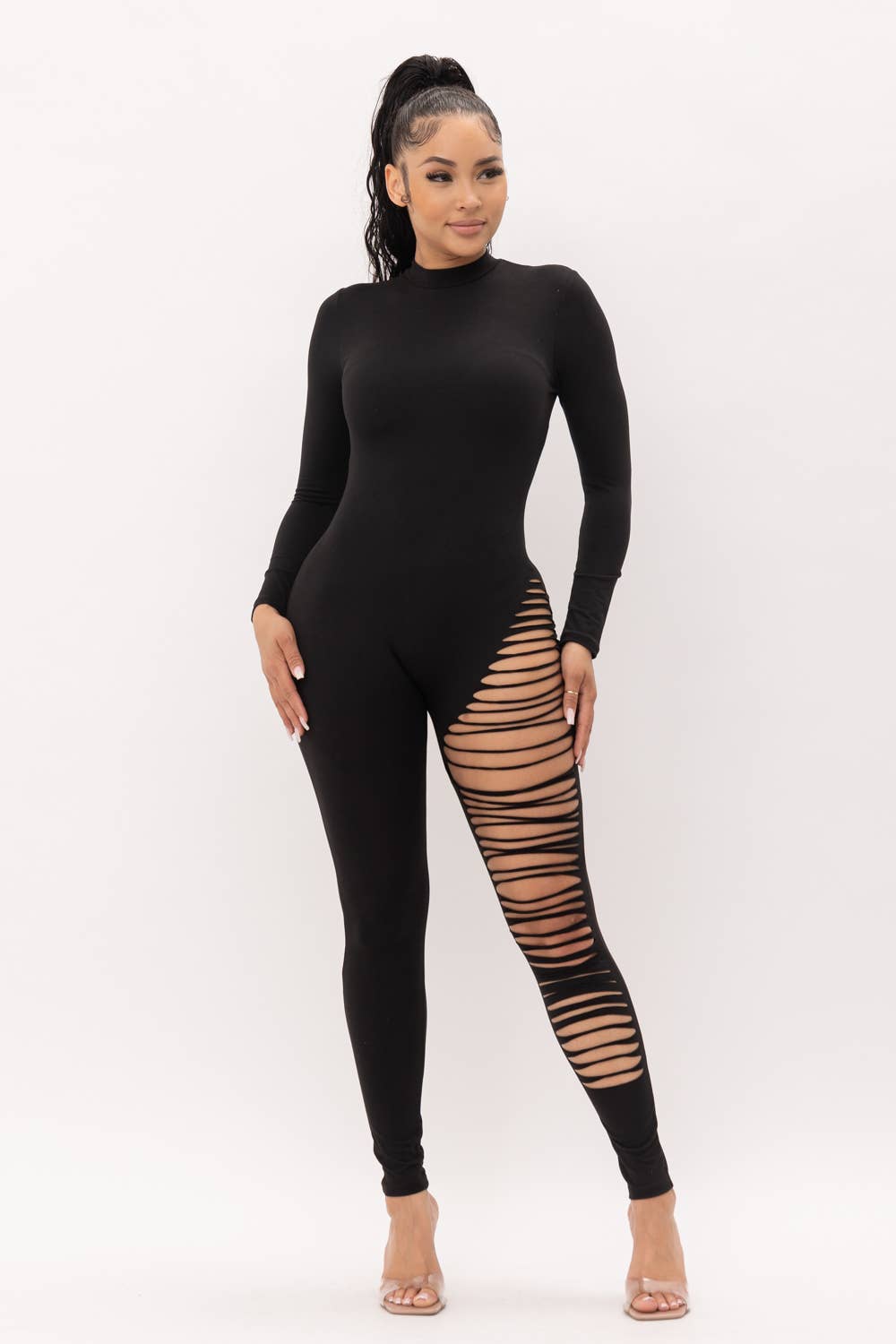 Mock Neck One Leg Laser Cut Long Sleeve Jumpsuit: Black