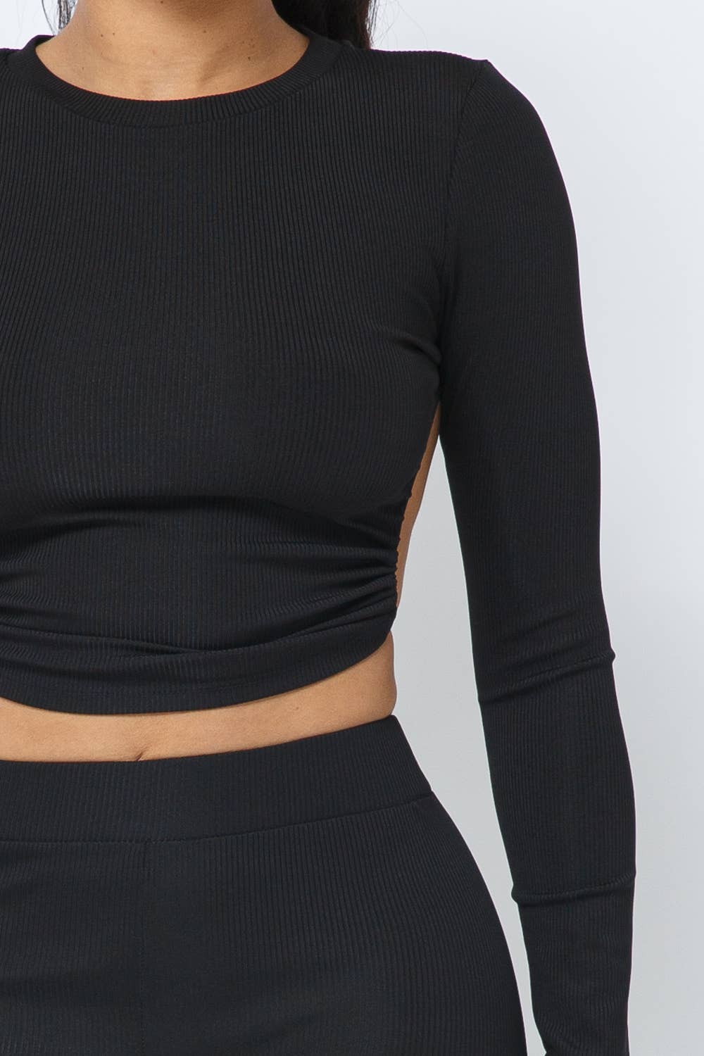 Open Back String Tie Crop Top Leggings Set: Black