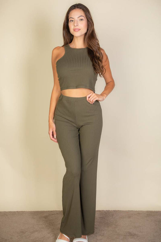 Ribbed Cropped Top and Bootcut Pants Sets: OLIVE / S