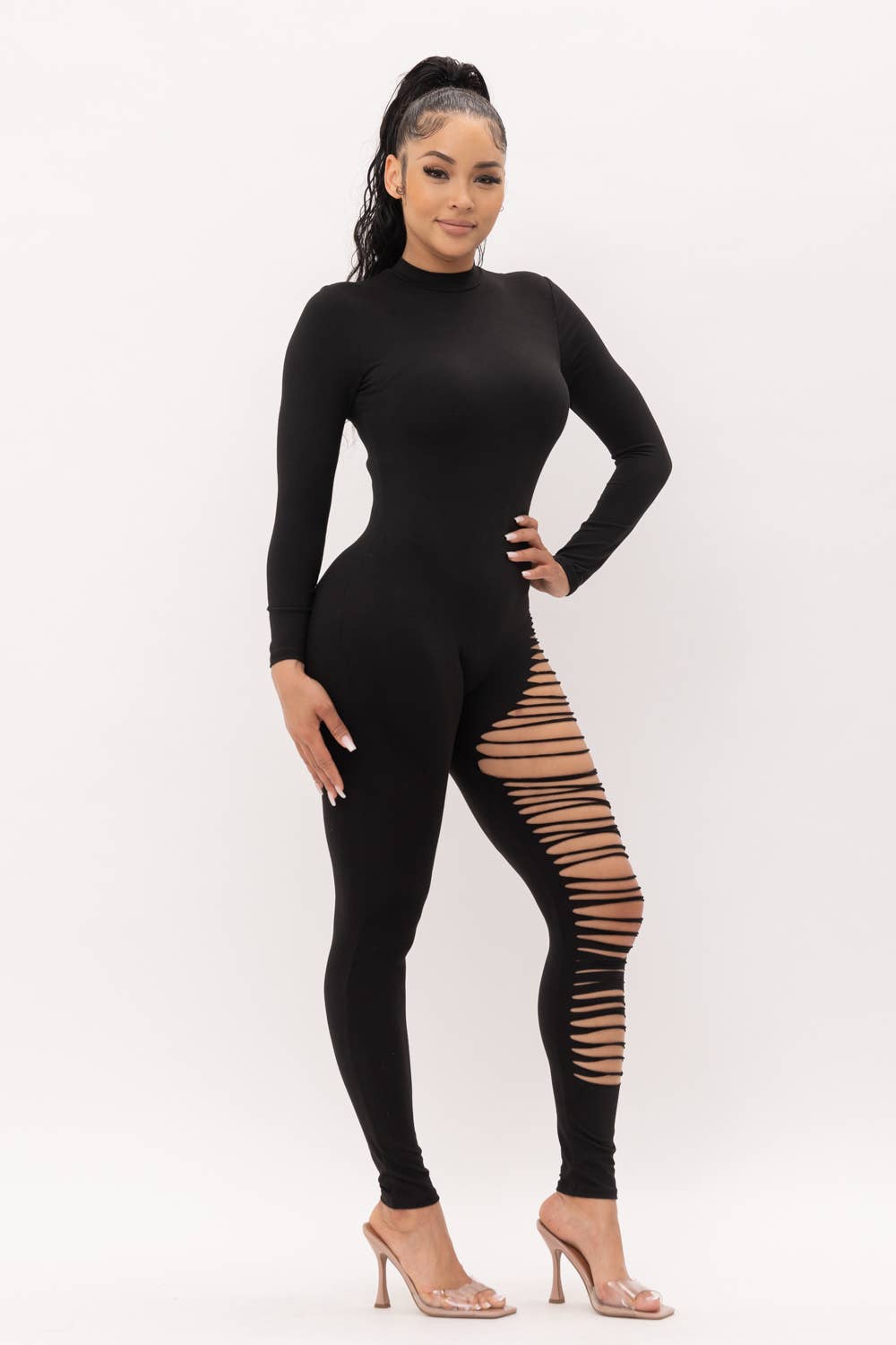 Mock Neck One Leg Laser Cut Long Sleeve Jumpsuit: Black