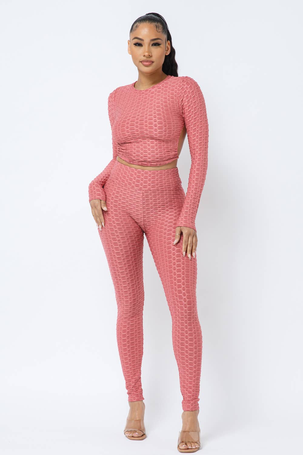 Honeycomb Open Back Tie Top and Leggings Set