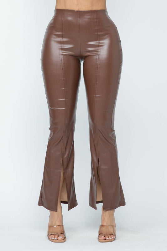 Pu Leather High Waisted Front Slit Hem Back Zipper Pants: Coffee