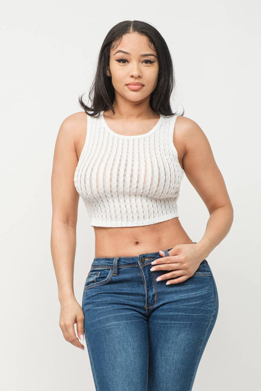 See Through Wavy Texture Knitted Crop Tank Top: White