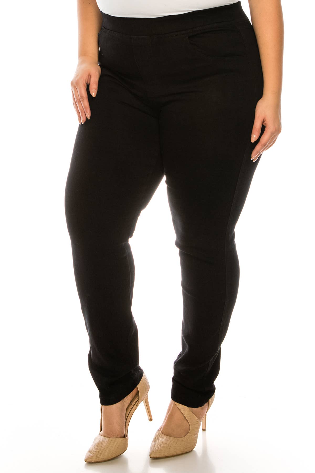 Plus size pre washed  basic  pull on denim skinny jeggings: Dark Denim