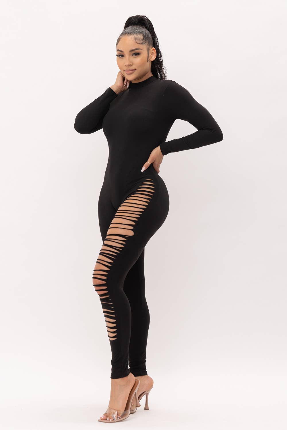 Mock Neck One Leg Laser Cut Long Sleeve Jumpsuit: Black