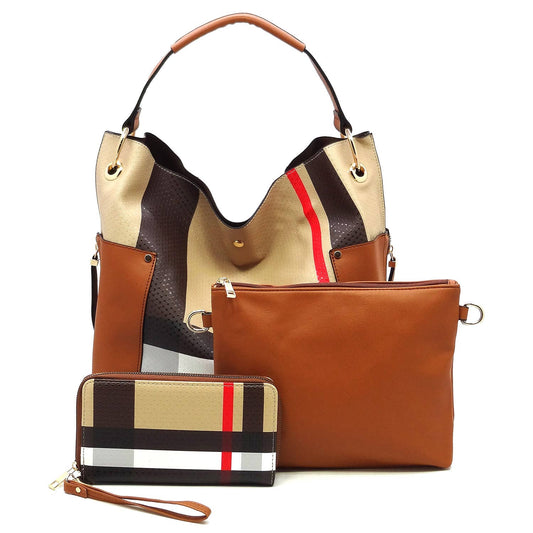 BT2765 Tartan Plaid Check 3-in-1 Shoulder Bag Hobo: Tan