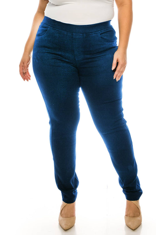 Plus size pre washed  basic  pull on denim skinny jeggings: Dark Denim