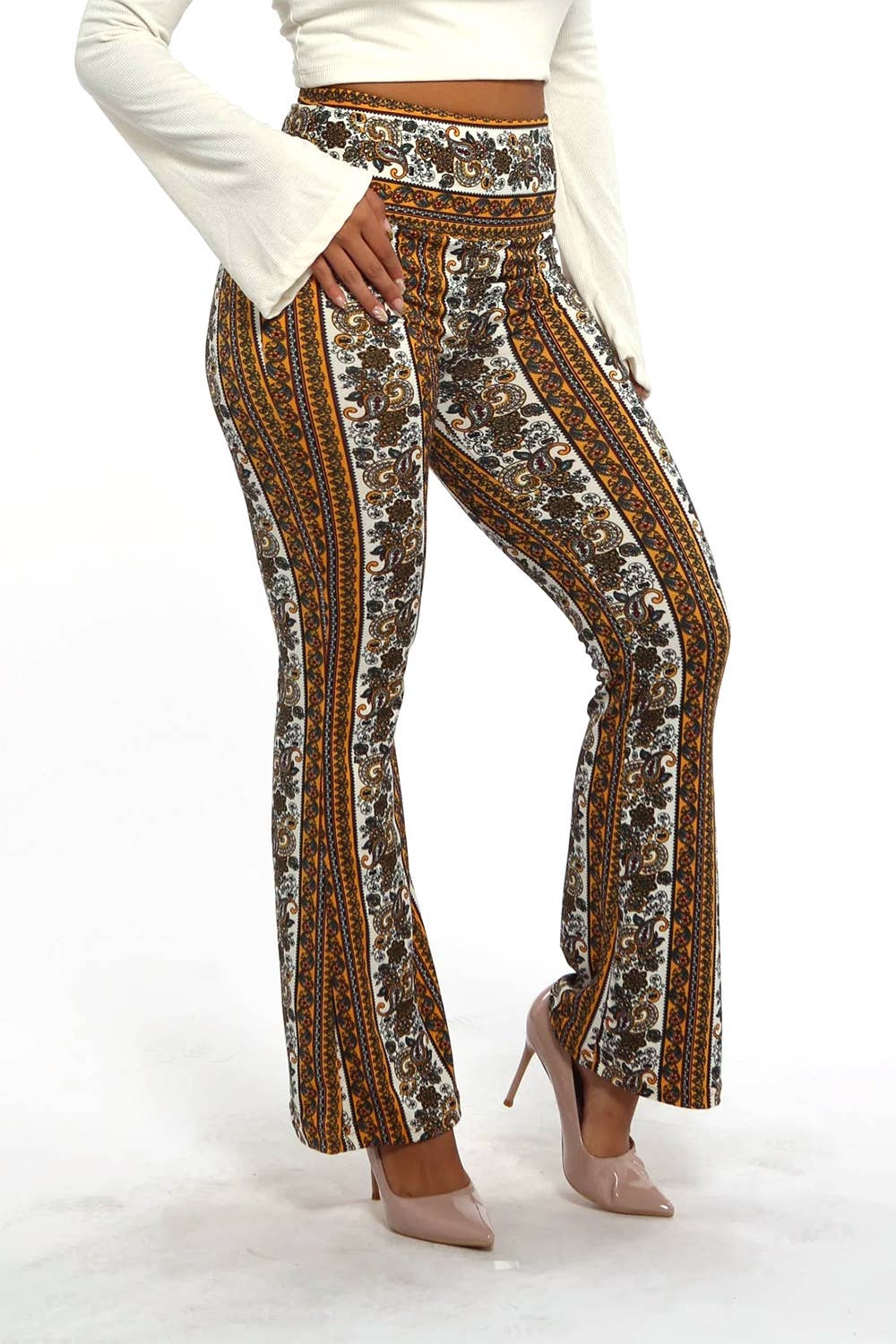 Brown boho  printing high waist soft stretch flare pants