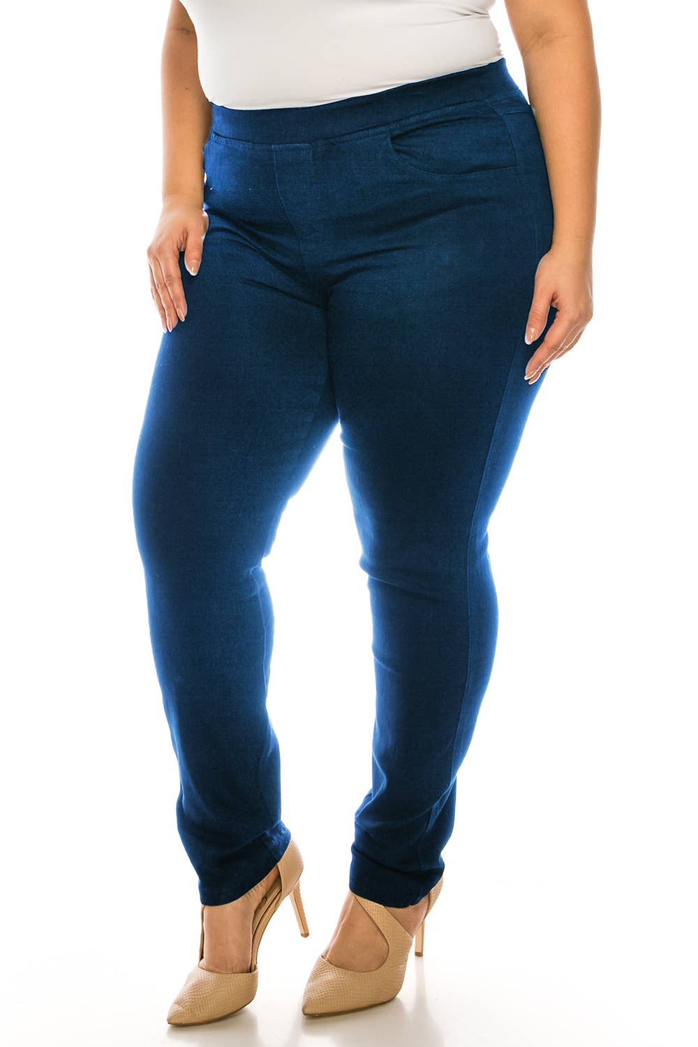 Plus size pre washed  basic  pull on denim skinny jeggings: Dark Denim