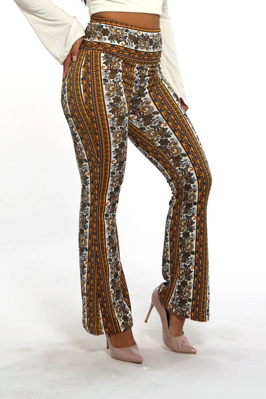 Brown boho  printing high waist soft stretch flare pants