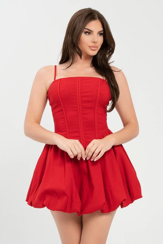 Corset Style Pleated Bubble Mini Dress: Red / 2-2-2 (S-M-L)
