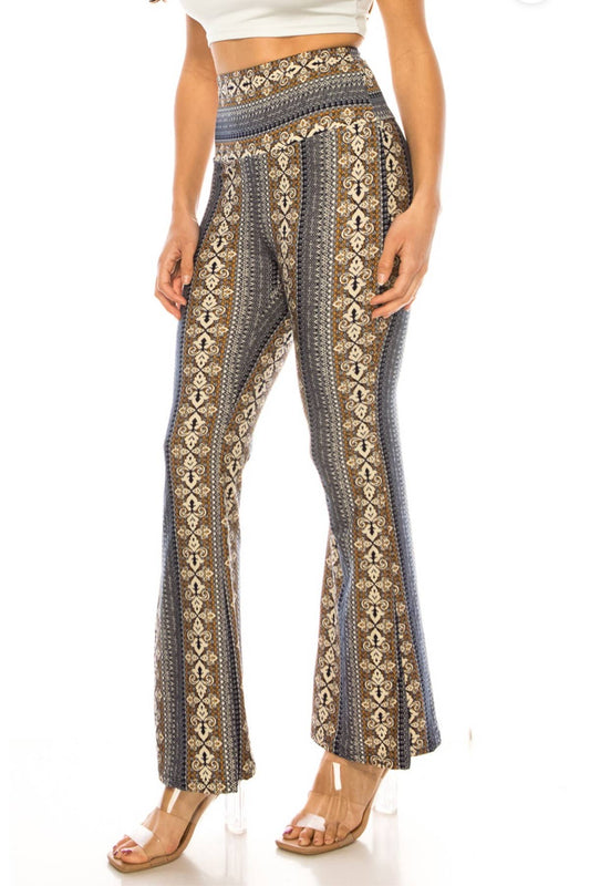 Mocha boho  printing high waist soft stretch flare pants