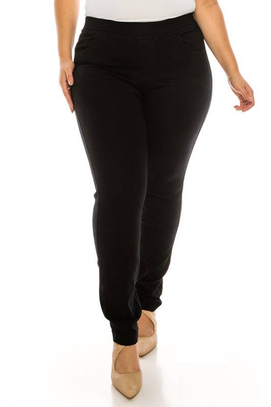 Plus size pre washed  basic  pull on denim skinny jeggings: Dark Denim