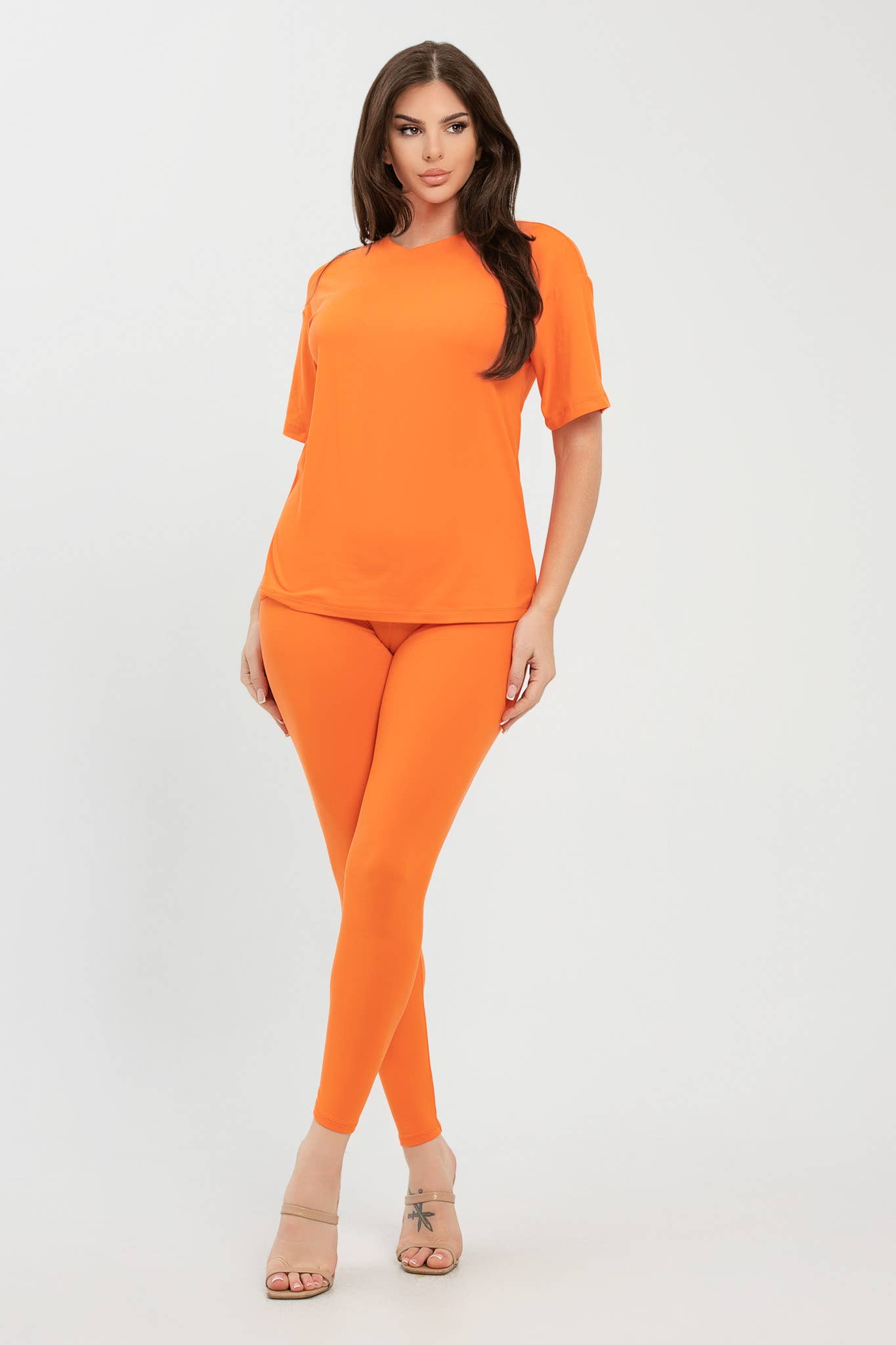 Brushed Dty Round Neck Top Leggings Set : Light Orange / 1-2-2-1 (S-M-L-XL)