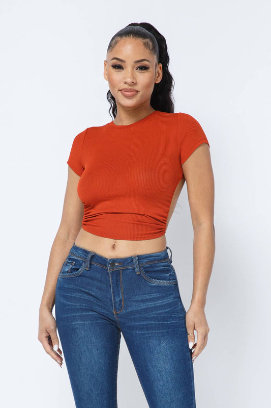 Rib Open Back String Tie Crop Top: Rust