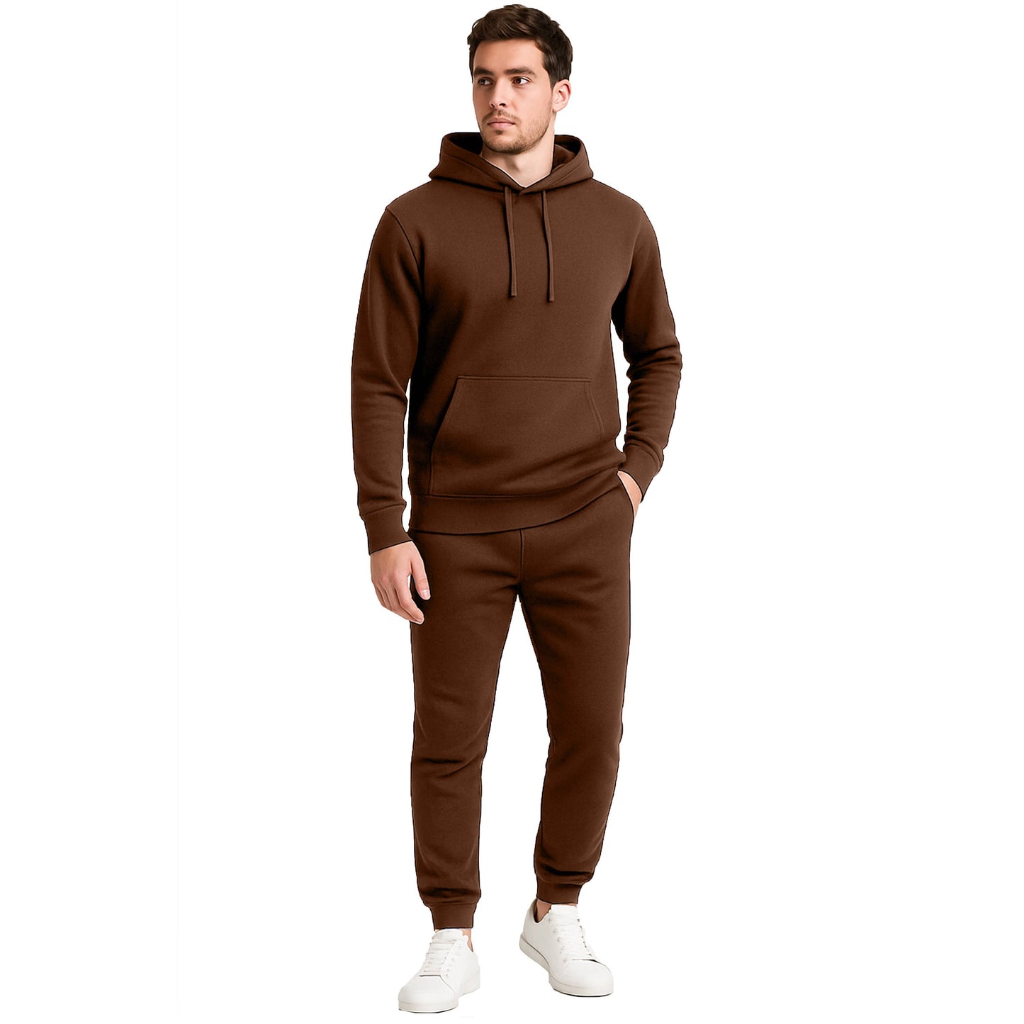 Men's 2-Piece Fleece Pullover Hoodie and Jogger Set: Brown / L