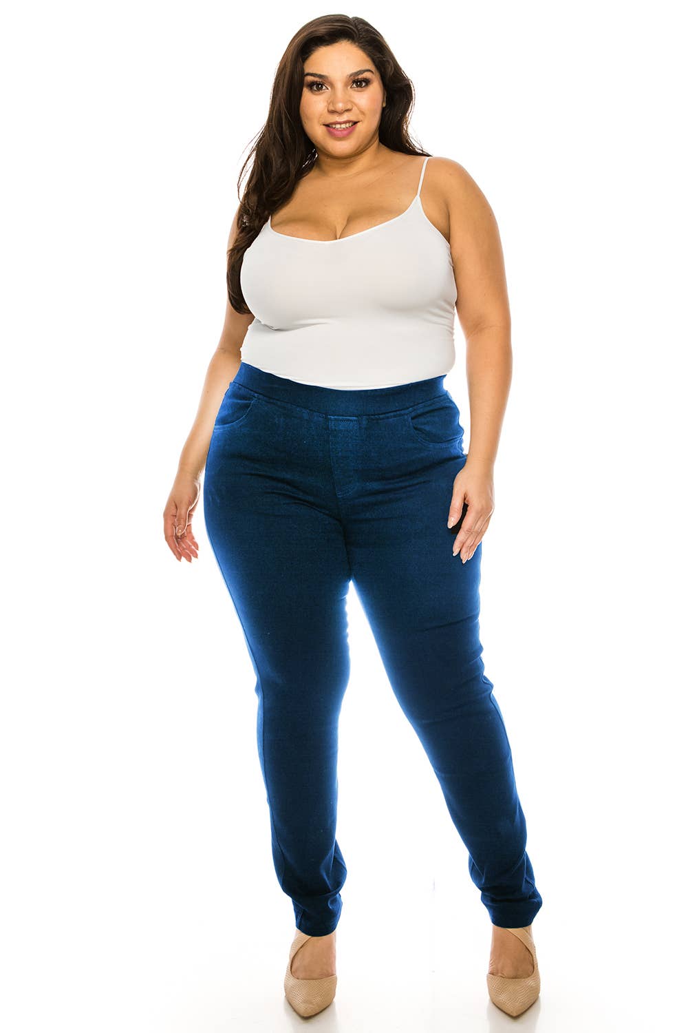 Plus size pre washed  basic  pull on denim skinny jeggings: Dark Denim