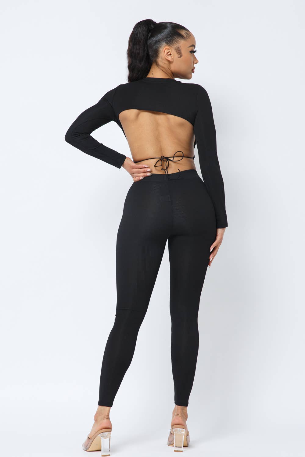 Open Back String Tie Crop Top Leggings Set: Black