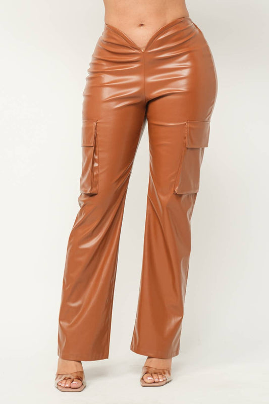 Leather Front V-Cut Side Flap Pocket Cargo Pants: Cognac