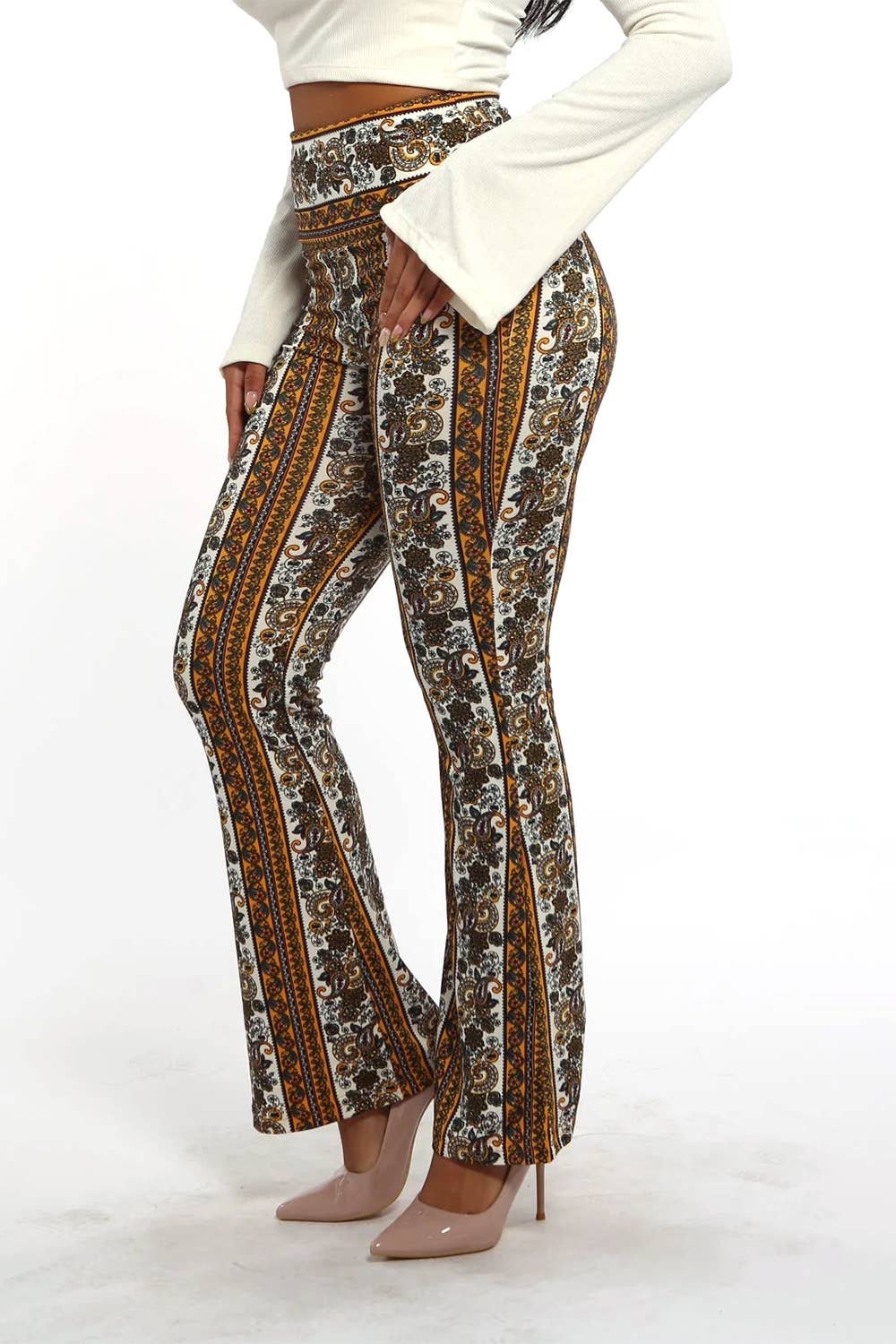 Brown boho  printing high waist soft stretch flare pants