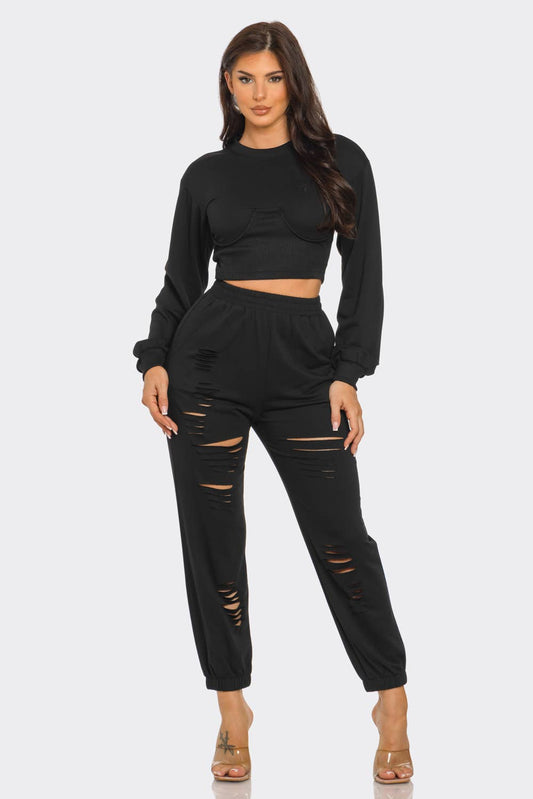 Round Neck Solid Top And Laser Cut Pants Set: Black