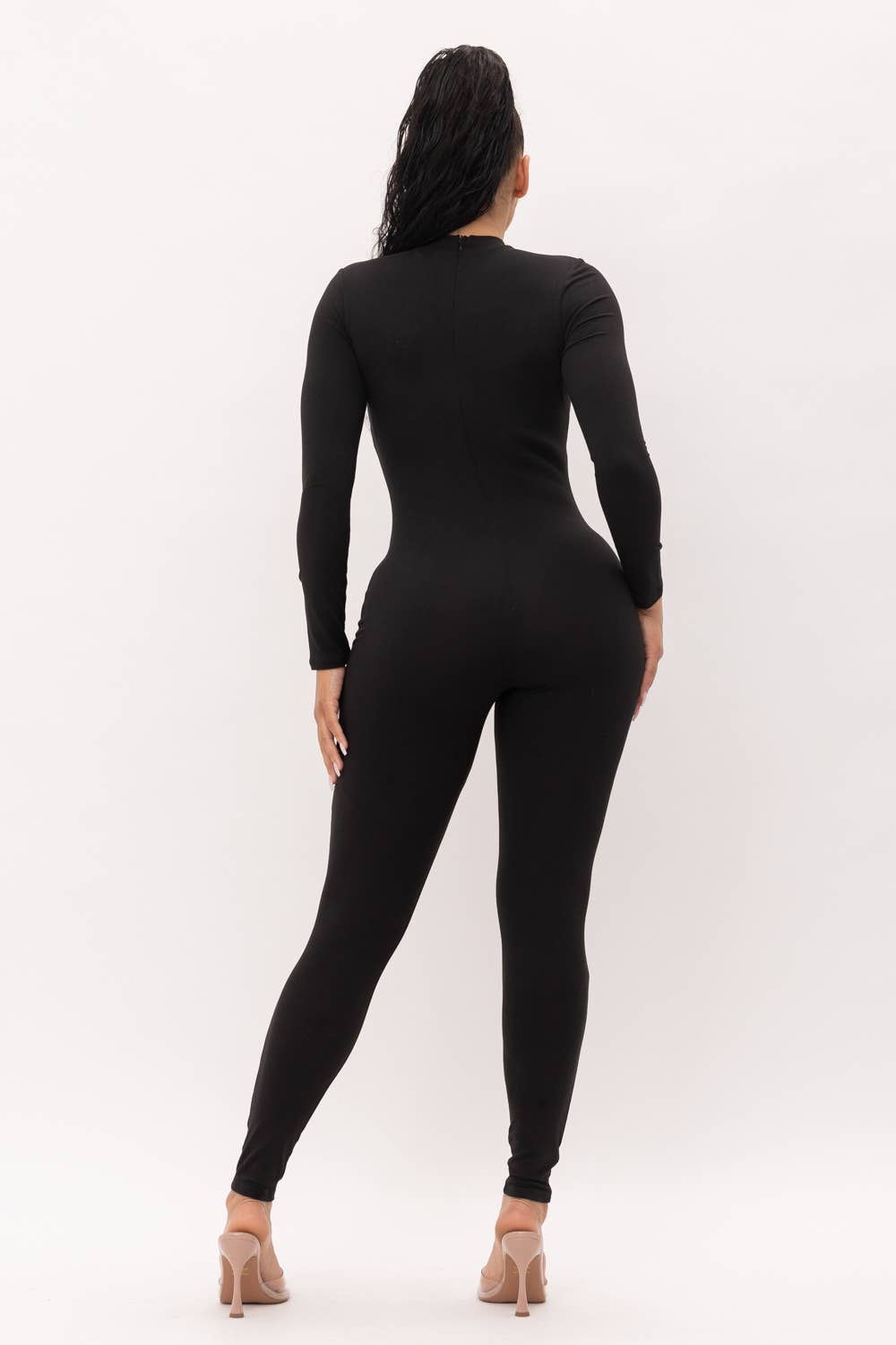 Mock Neck One Leg Laser Cut Long Sleeve Jumpsuit: Black