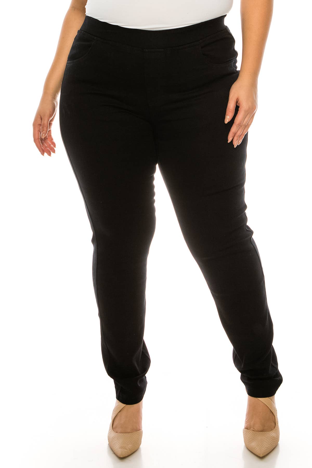 Plus size pre washed  basic  pull on denim skinny jeggings: Dark Denim