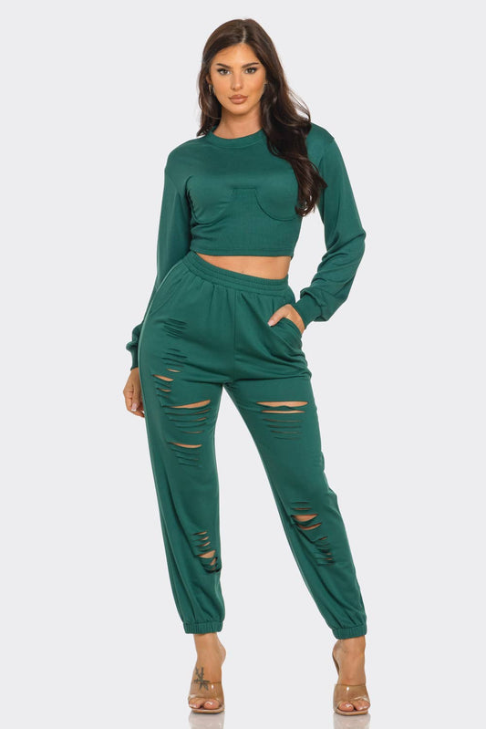 Round Neck Solid Top And Laser Cut Pants Set: Hunter Green