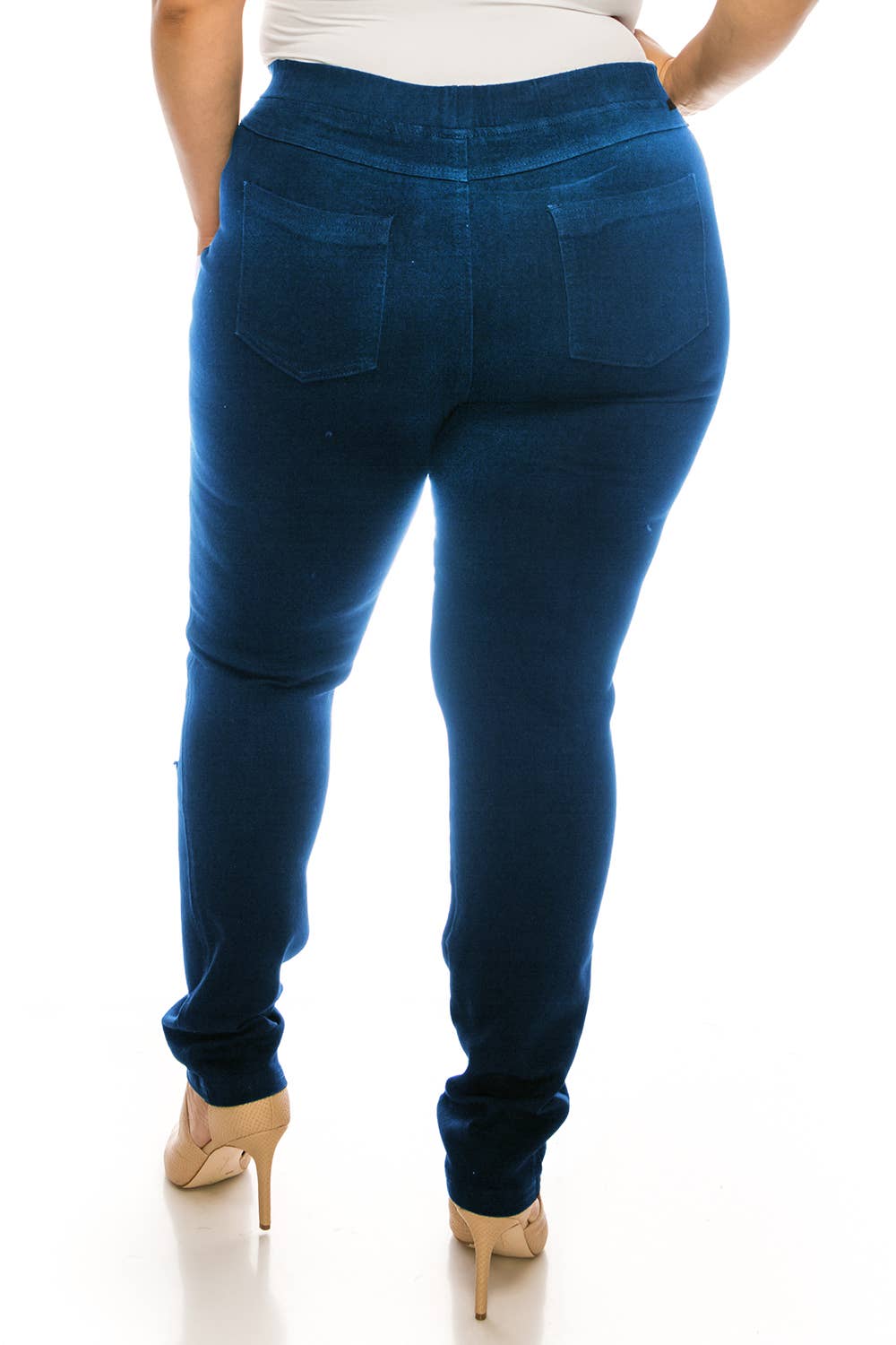 Plus size pre washed  basic  pull on denim skinny jeggings: Dark Denim