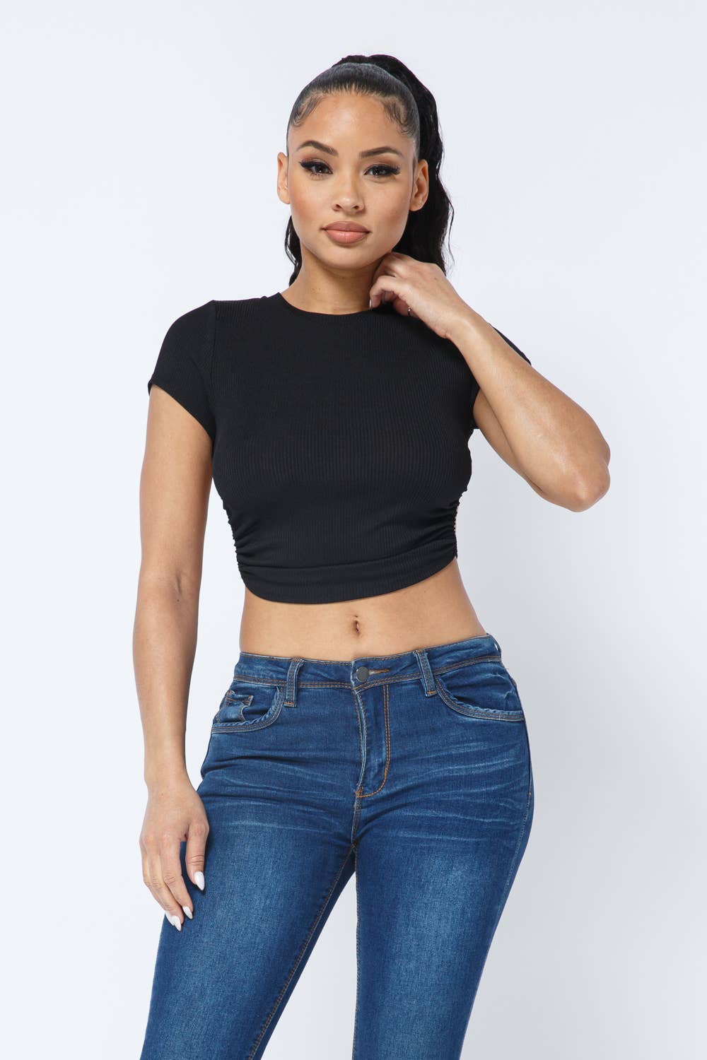 Rib Open Back String Tie Crop Top: Black