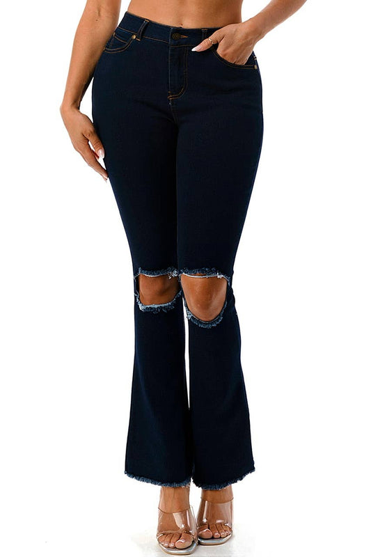 Slashed boot cut denim jeans