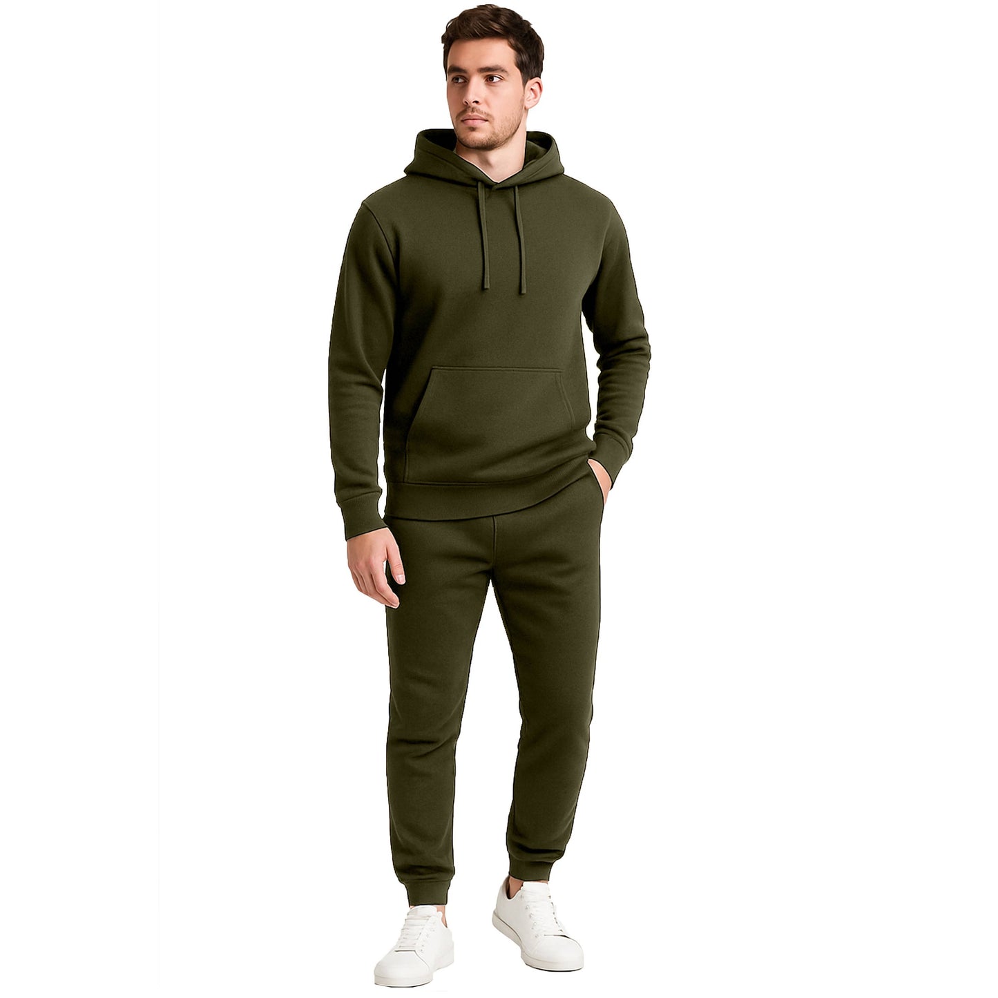 Men's 2-Piece Fleece Pullover Hoodie and Jogger Set: Olive / L